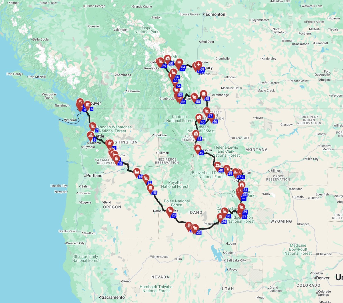 Canada and USA motorhome route planner, Vancouver to Calgary RV trip